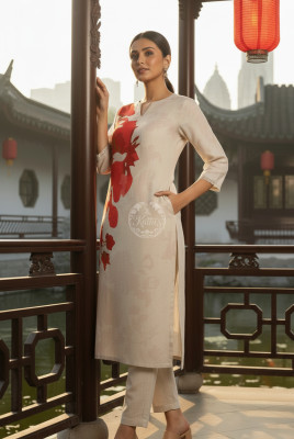 Beige Linen Botanical Print Kurta Set